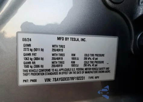 2024 Tesla Model Y из США, поврежденный, VIN 7SAYGDED7RF192231